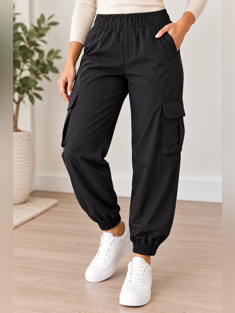 KIMBERLY Women’s Cargo Jogger Pants Black Size M Stretch NWT Elastic Waist